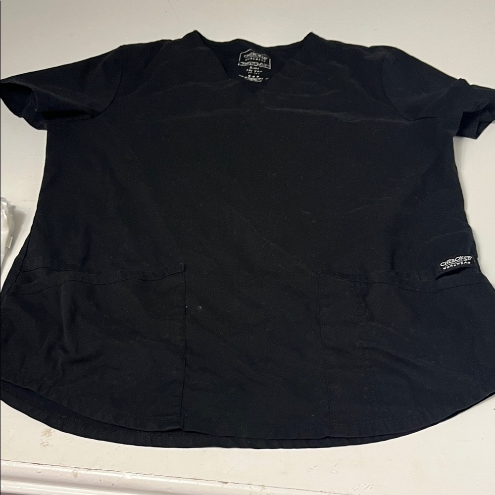 Cherokee Workwear Medium Black Short Sleeve V Neck Double Pocket Scrub Top